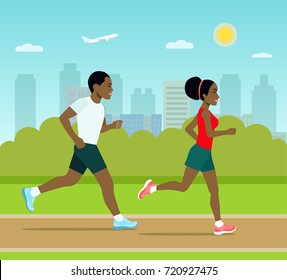 Young Man And Woman Jogging In The Park. Afro American Couple. Vector Flat Style Illustration