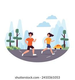 Young man and woman jogging together in park. Casual runners on pavement with trees and car. Exercise and fitness routine vector illustration