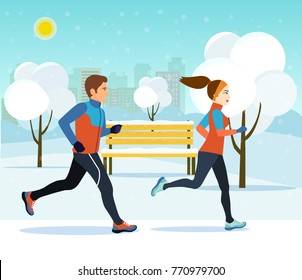 Young man and woman jogging in the winter park. Vector flat style illustration