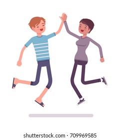 Young man, woman jumping giving high five. People have common interests, spending time together. Friendship and social life concept. Vector flat style cartoon illustration, isolated, white background