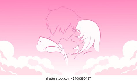 Young Man and Woman Kissing, Looking into Each Other's Eyes, Feeling in Love. Anime-Style Couple in a Close, Intimate Bonding Moment. Cute, Lovely Relationship Concept. Vector Banner Pink Illustration