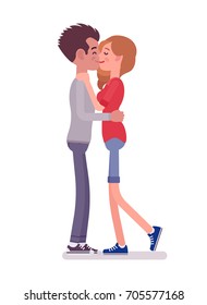 Young man and woman kissing. Passionately locked in an embrace, romance between young people. Social communication concept. Vector flat style cartoon illustration, isolated, white background