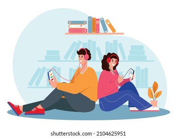 Young Man And Woman Listening Audio Books. Smiling People Or Students Characters With Headphones Listen Book Online. Concept Of Online Reading Or Library, E-book, Online Education Vector Illustration.