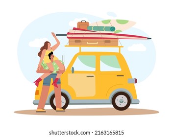 Young man and woman are loading things into the car, packing luggage before the trip. Traveling by car with bags on the roof. Summer vacation. Car rent. The girl sits on the shoulders of the guy. 