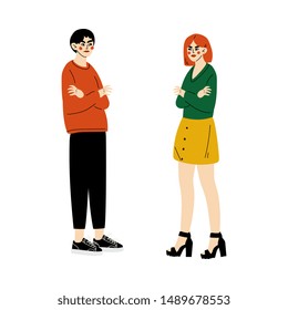 Young Man and Woman Looking at Each Other Crossing Their Arms, Conflict Between Husband and Wife, Negative Emotions Vector Illustration