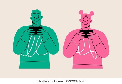Young man and woman looking at mobile phone in hands. Colorful vector illustration