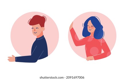 Young Man and Woman Looking Out of Round Frame Vector Set