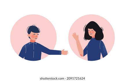 Young Man and Woman Looking Out of Round Frame Vector Set