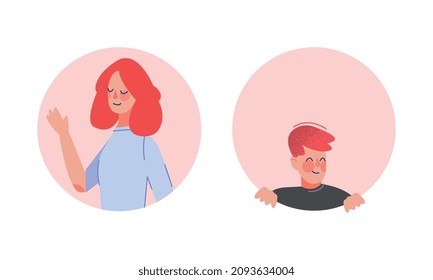 Young Man and Woman Looking Out of Round Frame Vector Set
