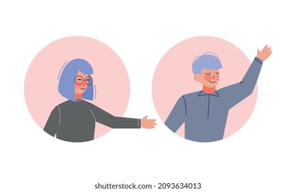 Young Man and Woman Looking Out of Round Frame Vector Set