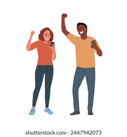 Young man and woman looking in the smartphone  shows a positive gesture. Flat style cartoon vector illustration.