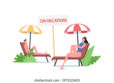 Young Man and Woman Lounging on Chaise Lounge under Sun Rays Relaxing on Sea Beach at Summer Time Vacation. Tourist Characters Relax on Seaside Resort on Holidays. Cartoon People Vector Illustration