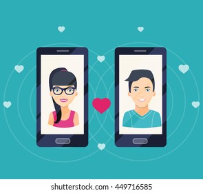 Young man and woman in love on the screen of your smartphone. Video communication. Vector flat illustration