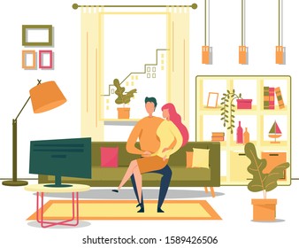 Young Man Woman in Love Watching TV Show Together. Husband Wife Rest Spending Evening Time at Home. Cute Male Female Characters on Cozy Couch. Living Room interior. Vector Cartoon Flat Illustration