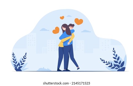 Young man and woman lover hugging with love in park  in cartoon character, vector illustration