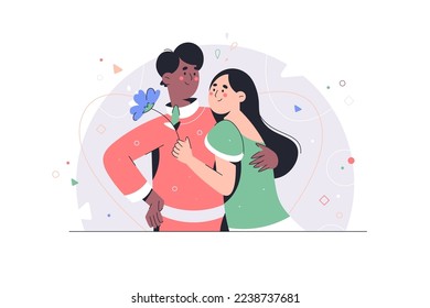 Young man and woman lover hugging with love. Romantic lovers for valentine's day. Family. In love. Dating, guy giving flowers to girlfriend.