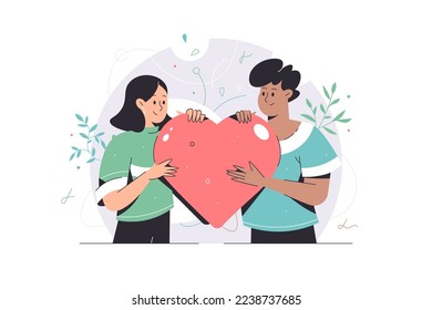 Young man and woman lover hugging big heart. Romantic lovers for valentine's day. Family. In love. Couple sharing and caring love.