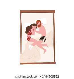 Young Man And Woman Lying Face To Face In Bed And Sleeping In Fetal Position. Cute Funny Couple Relaxing At Night. Girl And Boy Napping At Home. Top View. Flat Cartoon Colorful Vector Illustration.