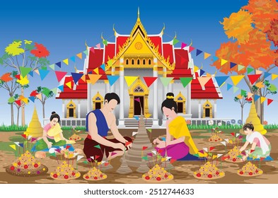 young man and woman make beautiful sand pagoda in temple,Merit making traditions vector design