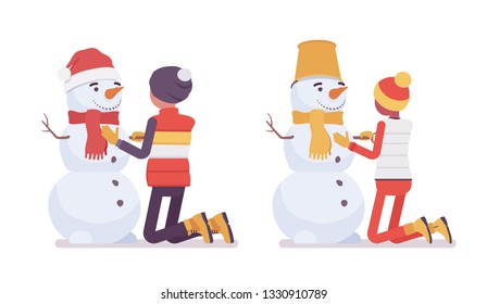 Young man and woman make a snowman, enjoy winter outdoor activities, have fun on active holiday, wintertime tourism and recreation. Vector flat style cartoon illustration isolated on white background