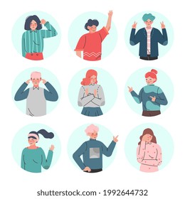 Young Man and Woman Making Positive and Negative Hand Gestures in Circular Frames Vector Illustration Set