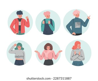 Young Man and Woman Making Positive and Negative Hand Gestures in Circular Frames Vector Illustration Set