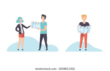 Young Man and Woman with Map Planning Travel Vector Set