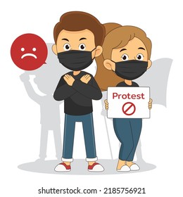 Young Man and Woman Marching In Protest Holding Cardboard Banner 