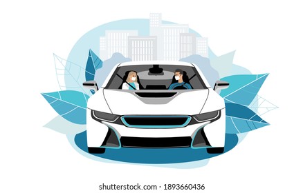 Young man and woman in medical masks rides in car. Car with young man and woman in protective masks. Vector illustration.