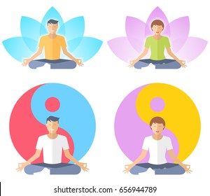 Young man and woman meditate in the lotus pose. People are sitting in the meditation on the yin-yang and a lotus flower signs background. Flat vector concept illustration of yoga, zen, and relaxation.