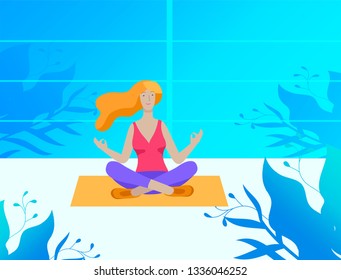 Young Man and woman meditate, sitting in yoga posture, performing aerobics exercise at home. Physical and spiritual practice yoga lesson. Mental health concept. Vector illustration cartoon