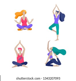 Young Man and woman meditate, sitting in yoga posture, performing aerobics exercise at home. Physical and spiritual practice yoga lesson. Mental health concept. Vector illustration cartoon