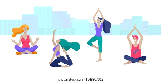 Young Man and woman meditate, sitting in yoga posture, performing aerobics exercise at home. Physical and spiritual practice yoga lesson. Mental health concept. Vector illustration cartoon