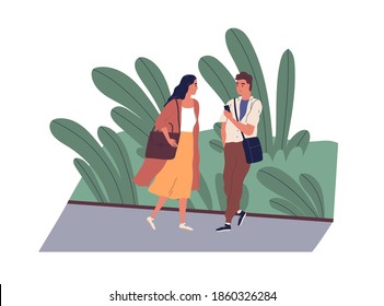 Young man and woman meeting by chance while walking along street or in park. Cute guy getting phone number of lady. Scene of daily people life. Flat vector illustration isolated on white background