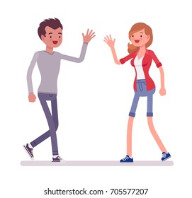 Young man and woman meeting. Waving hello for invitation, inspiration, making friends with a co-worker. Social communication concept. Vector flat style cartoon illustration, isolated, white background