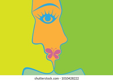 Young man and woman merged into a kiss, spring atmosphere