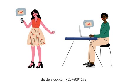 Young Man and Woman Messaging in Online Dating App on Smartphone and Laptop Vector Set