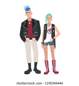 Young man and woman with mohawk hairstyle. Pair or punk rockers dressed in ripped clothes. Funny male and female cartoon characters isolated on white background. Colorful vector illustration.