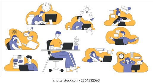 Young Man and Woman Multitasking Accomplishing Task Having Deadline Vector Set