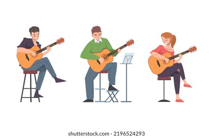 Young Man and Woman Musician Guitarist Character Playing Guitar Performing Street Concert Vector Set