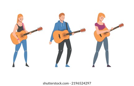 Young Man and Woman Musician Guitarist Character Playing Guitar Performing Street Concert Vector Set