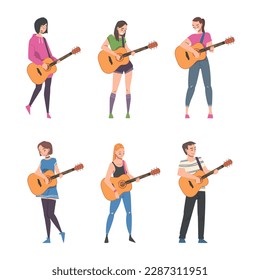 Young Man and Woman Musician Guitarist Character Playing Guitar Performing Street Concert Vector Set