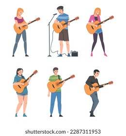 Young Man and Woman Musician Guitarist Character Playing Guitar Performing Street Concert Vector Set