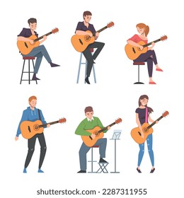 Young Man and Woman Musician Guitarist Character Playing Guitar Performing Street Concert Vector Set