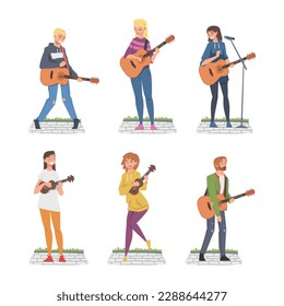 Young Man and Woman Musician Guitarist Character Playing Guitar and Singing Performing Street Concert Vector Set