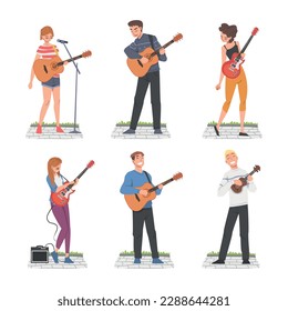 Young Man and Woman Musician Guitarist Character Playing Guitar and Singing Performing Street Concert Vector Set