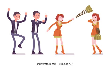 Young man and woman negative emotions. Unhappy caucasian millennial boy and angry red-haired girl feeling sad or having a depressed mood, cannot enjoy life. Vector flat style cartoon illustration