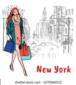 Young man and woman in New York, USA. Fashion illustration