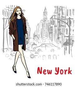 Young man and woman in New York, USA. Fashion illustration