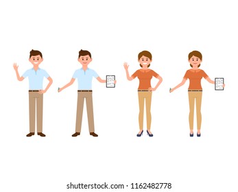 Young man and woman office workers waving hands and writing notes. Cartoon character coworkers in casual look